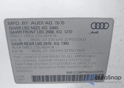 2016 Audi Q5 2.0T Premium from USA, damaged, VIN WA1C2AFP9GA020098